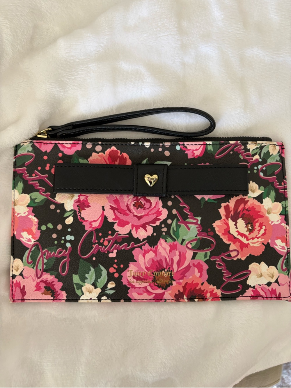 Juicy Couture Black Floral Wristlet Clutch with Pink Roses